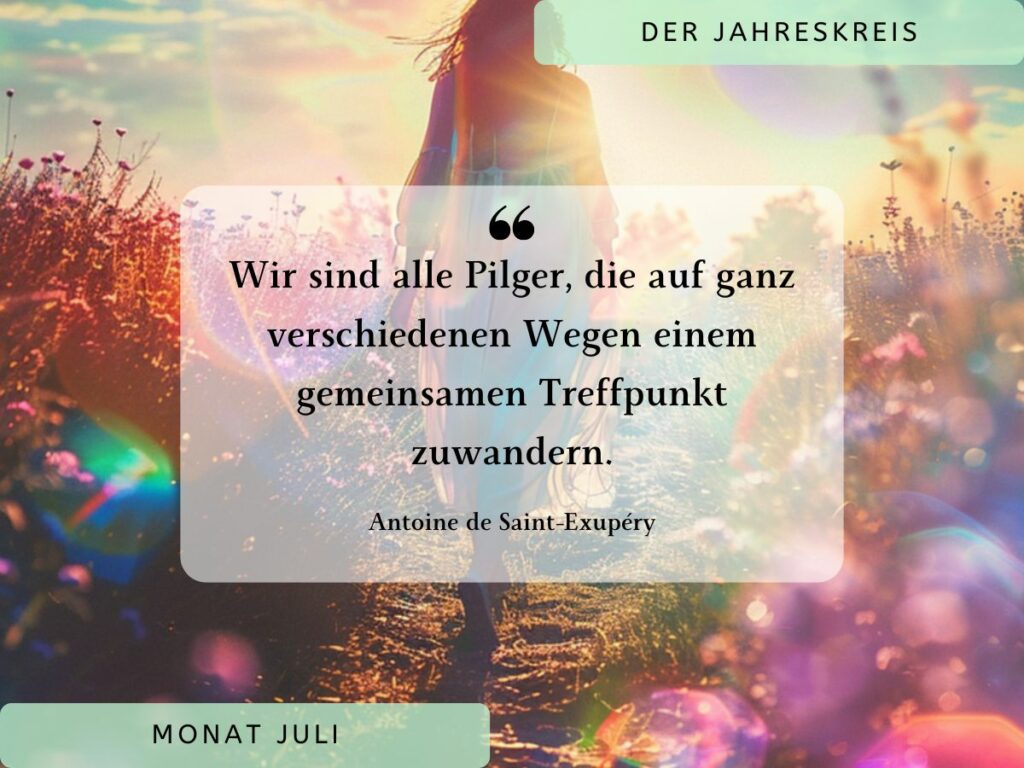 Auf dem Bild sieht man eine Frau von hinten, die auf einem Weg wandert umgeben von bunten sommerlichen Farben