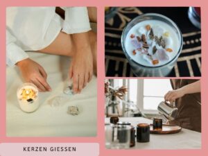 3 Bilder mit dem Thema Kerzen gießen mit Edelstein Chips und Blüten, dem DIY des Septembers im Jahreskreis.