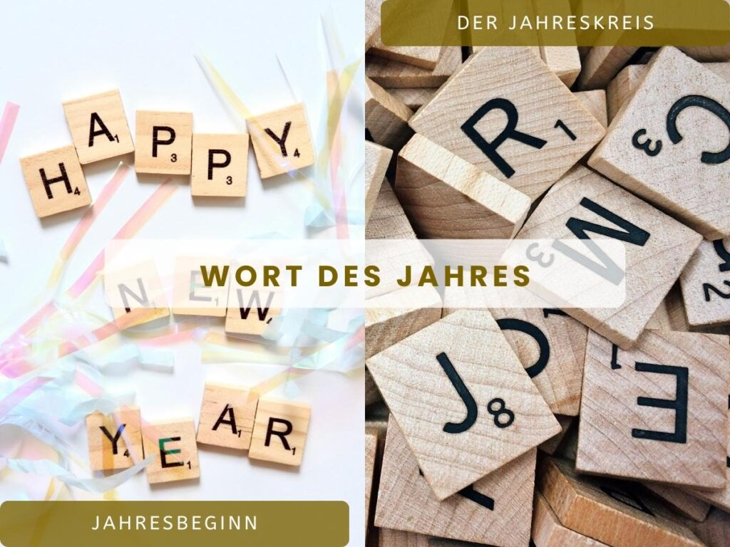 Es sind 2 Bilder mit Scrabble Buchstaben zu sehen - Happy New Year + Buchstabensalat - mit einer Überschrift im Zentrum "Wort des Jahres"
